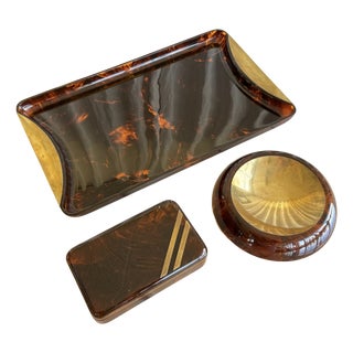 Mid-Century Tortoiseshell Acrylic Glass and Brass Centrepieces from Guzzini, Italy, 1970s, Set of 3 For Sale