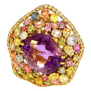 Bochic “Orient” Vintage Sapphire & Amethyst Cocktail Ring 18K Gold & Silver For Sale