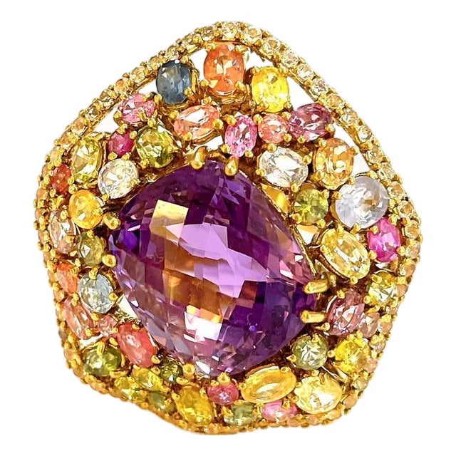 Bochic “Orient” Vintage Sapphire & Amethyst Cocktail Ring 18K Gold & Silver For Sale