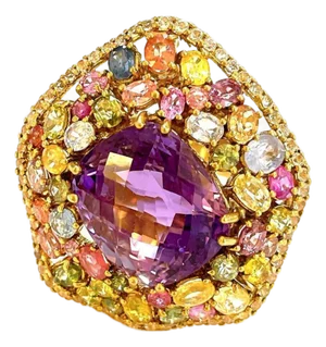 Bochic “Orient” Vintage Sapphire & Amethyst Cocktail Ring 18K Gold & Silver