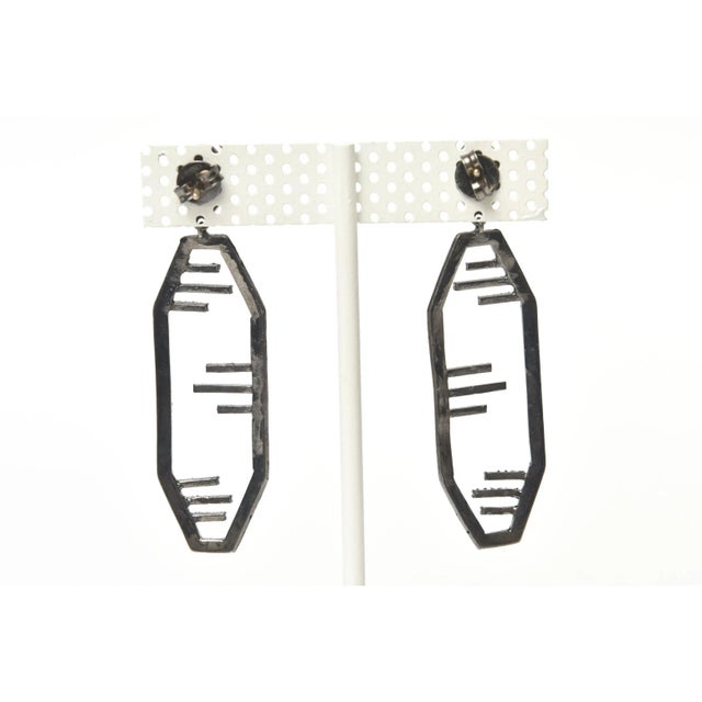 1930s Vintage Art Deco English Black Enamel, Diamond and Sterling Silver Dangle Earrings For Sale - Image 5 of 8