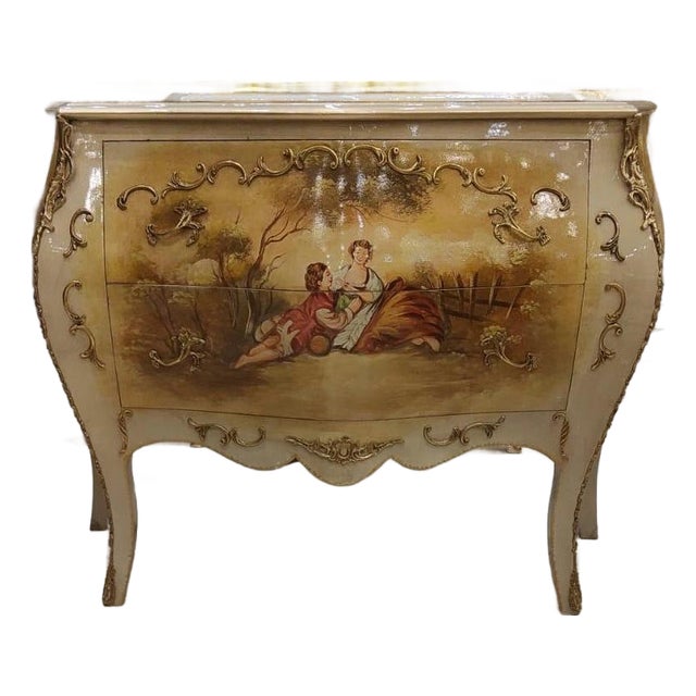 1960s Louis XV Hand-Painted French Rococo Commode Bombe Chest with Gilt Accents For Sale