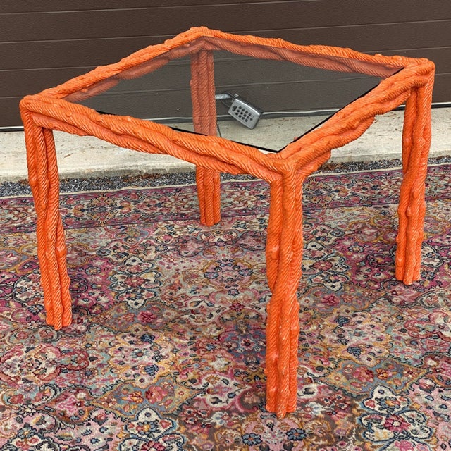 Vintage Orange Lacquered Carved Faux Bois Square Center or Side Table For Sale - Image 4 of 12