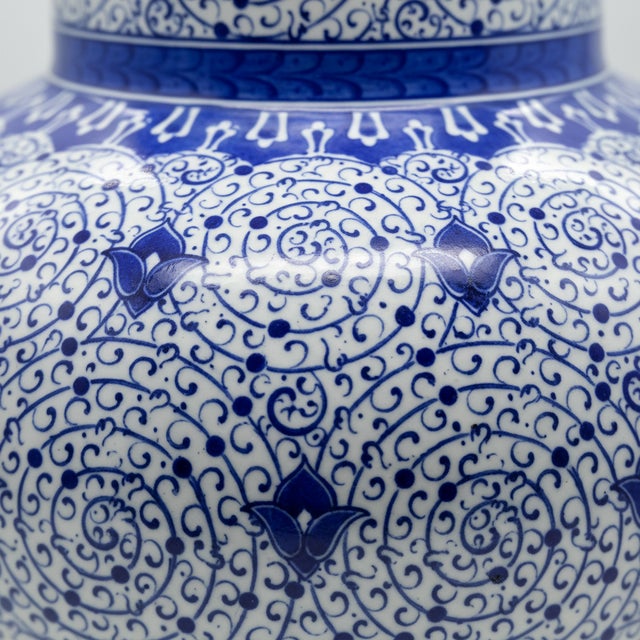 Handmade Ceramic Large Iznik Vase Monumental Size Blue and White Golden Horn (Halic) Style Scroll Pattern For Sale - Image 6 of 10