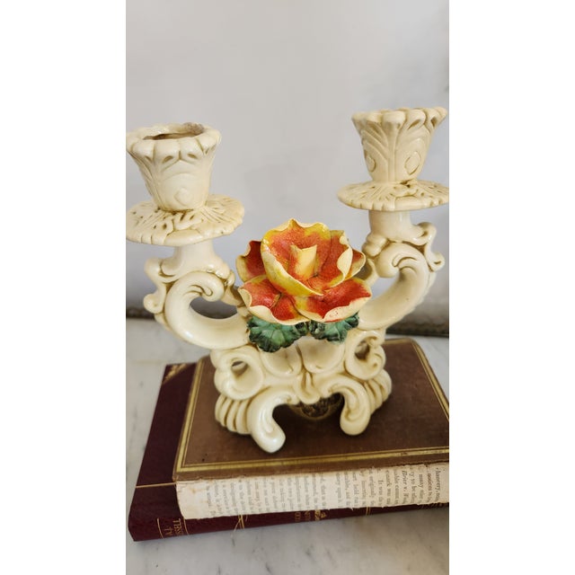 Shabby Chic Pair of Vintage Ivory Ceramic Rose Double Candle Holders For Sale - Image 3 of 18