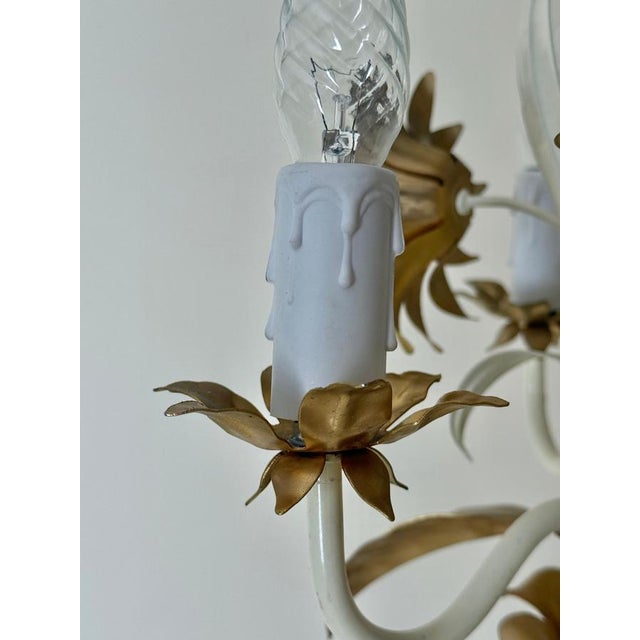 Hollywood Regency Cream and Gilt 3-Arm Chandelier with Floral Details, 1970 For Sale - Image 9 of 15