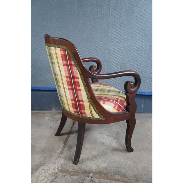Brown Antique American Empire Mahogany Plaid Scrolled Parlor Armchairs For Sale - Image 8 of 13