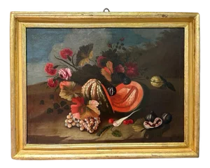 Emilian Area Artist, Still Life of Flowers and Fruit, Early 18th Century, Canvas Painting