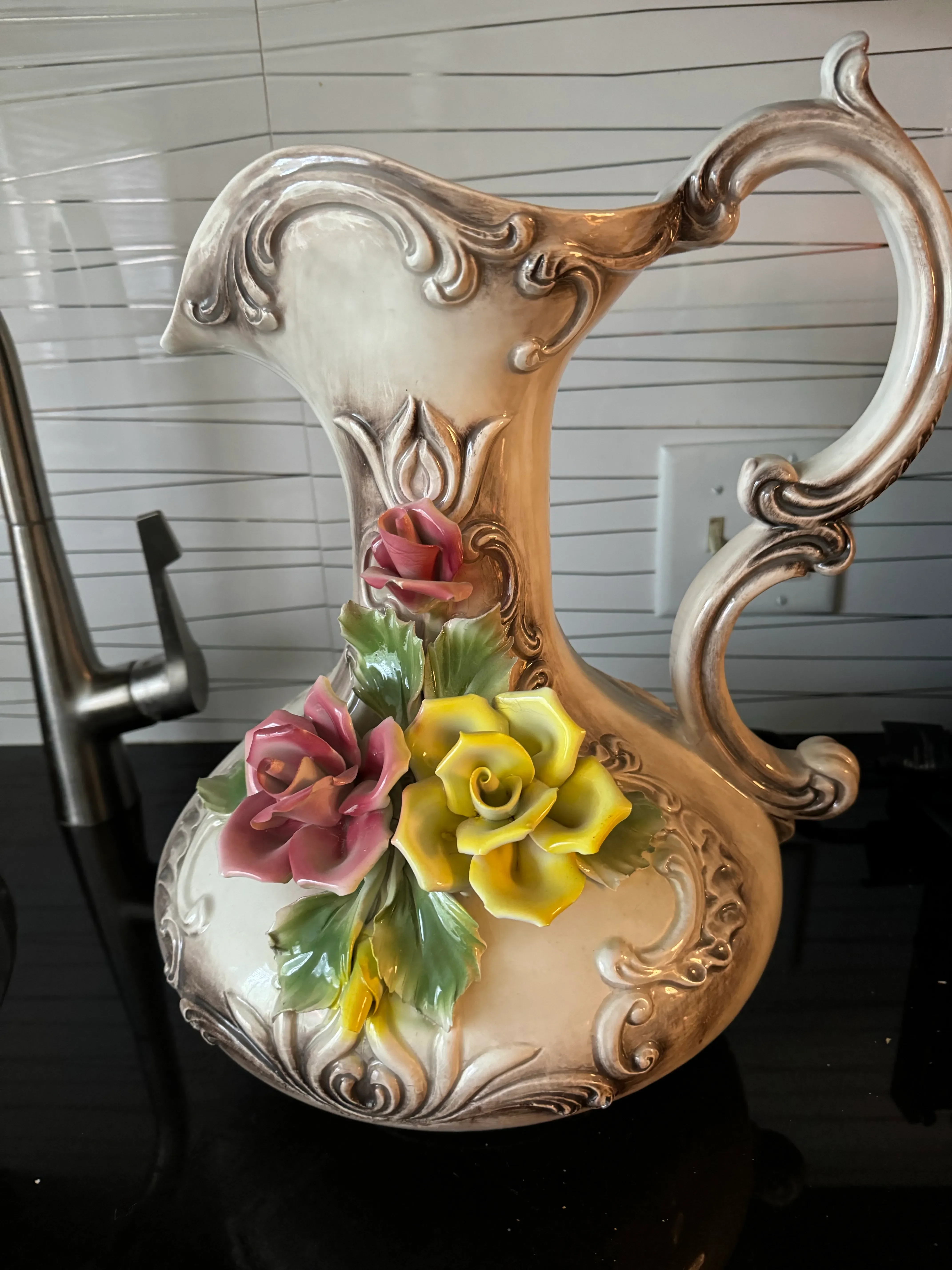 Large Vintage Capodimonte Porcelain Pitcher / Vase With