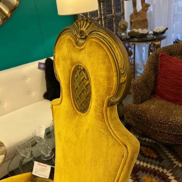 Gothic Revival Hollywood Regency High Back Gold Velvet and Wood Frame Chairs a Pair For Sale In Miami - Image 6 of 12
