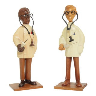 Romer Vintage Hand Carved Wood Doctor Figurines Statues - a Pair For Sale