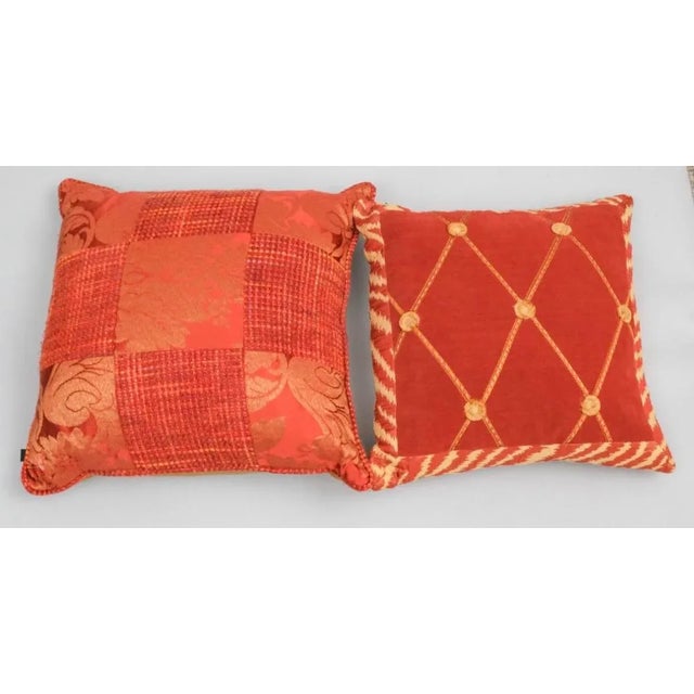 Collection of 6 Throw Pillows Some Down Filled in a Variety of Red and Taupe Fabrics For Sale - Image 4 of 6