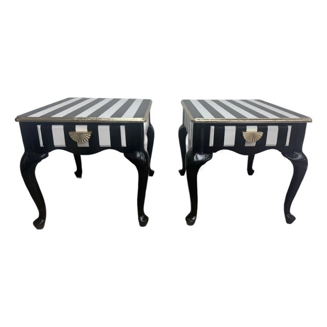 1960s Hand-Painted Striped Side Tables With Gold Leaf Detail — Set of 2 For Sale