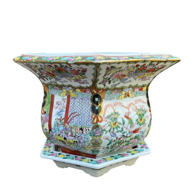 Chinese Rose Famille Vintage Cache Pot Jardinière Planter With Saucer For Sale - Image 4 of 17