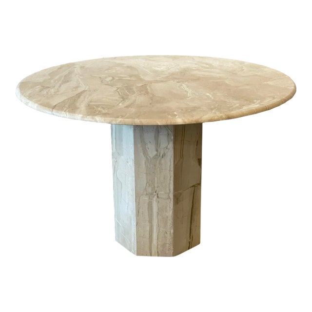 1980s Postmodern Vintage Travertine Round Dining/Entry Table Honed For Sale