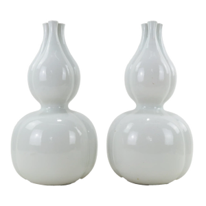 Pair of Celadon Glazed Triple-Neck Double Gourd Vases