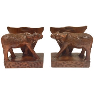 Hand-Carved Wooden Sculpture of African Buffalo Bookends For Sale