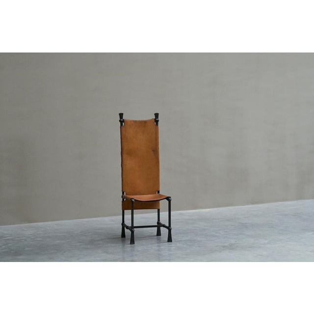 Vintage Brutalist High Back Chair in Wrought Iron and Patinated Cognac Leather, 1950s For Sale - Image 16 of 18