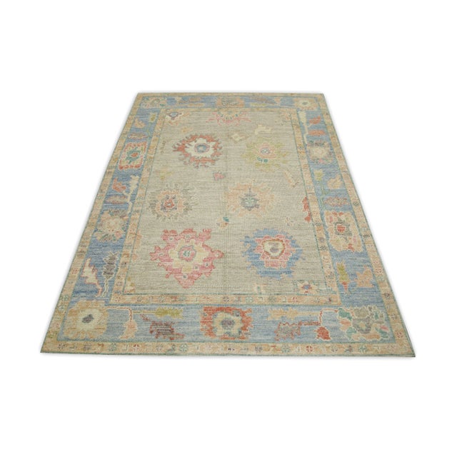 Modern Early 21st Century Blue Multicolor Floral Design Handwoven Wool Turkish Oushak Rug 5'1" X 6'11" For Sale - Image 3 of 5