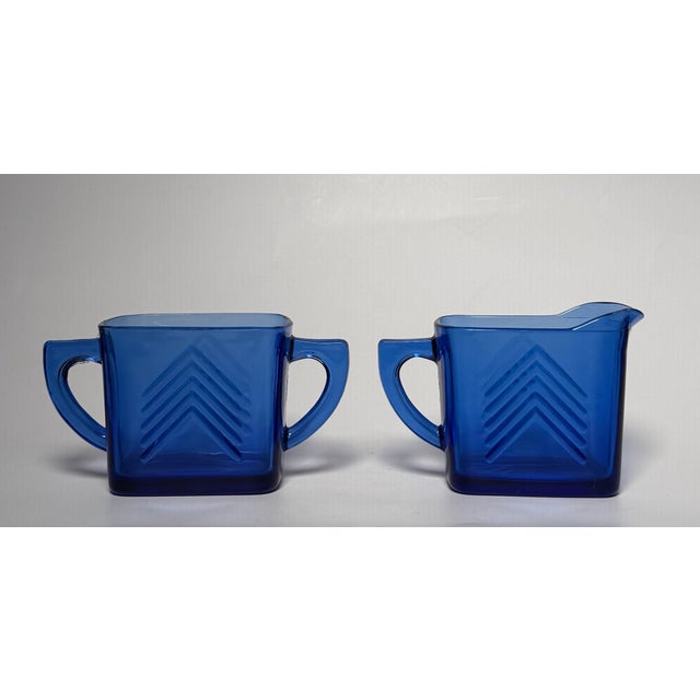 Vintage Art Deco "Chevron" Cobalt Blue Depression Glass Sugar & Creamer Set For Sale - Image 4 of 10