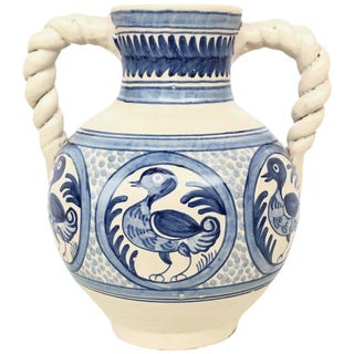 20th Century Glazed Earthenware Spanish Blue and White Painted Urn, Vase For Sale