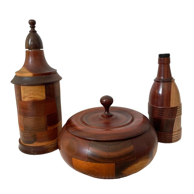Mid-Century Modern Vintage Segmented Wood Decanter Bar Set. Set of Three. For Sale - Image 3 of 6