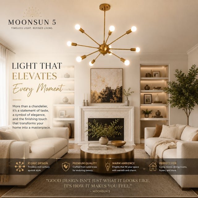 Modern Brass Chandelier With 8 Arms, Contemporary Lighting Fixture, Ceiling Light, Living Room or Dining Room Decor, Stylish and Elegant For Sale - Image 10 of 16
