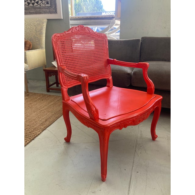 18th Century Louis XV Fauteuils in Hollywood Regency Coral- A Pair For Sale - Image 11 of 14