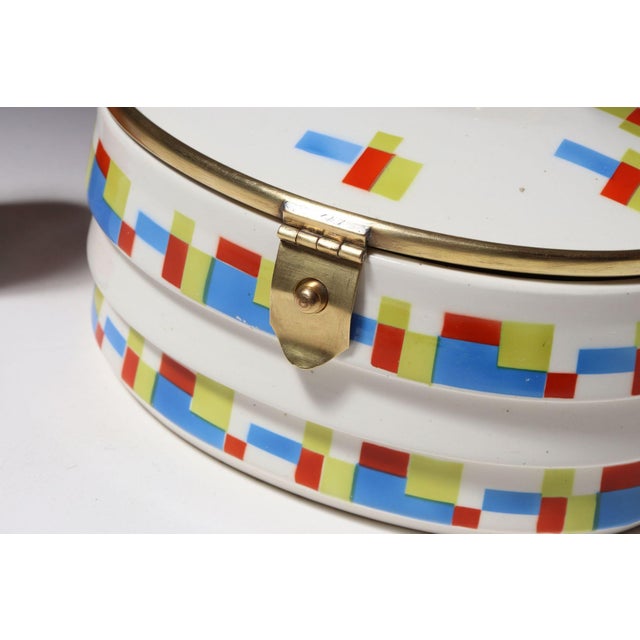 German Art Deco Ceramic and Brass Biscuit Tin With Geometric Motif For Sale - Image 14 of 18