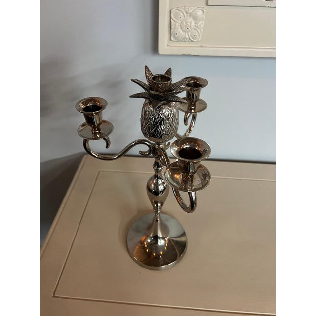 Vintage Silver Pewter Pineapple Candelabra For Sale - Image 4 of 5