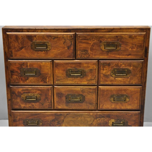 Vintage Italian Olive Wood Veneer Campaign Chest of Drawers Cabinet Side Table For Sale - Image 4 of 18