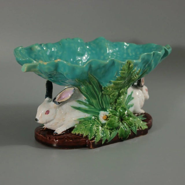 Minton Late 19th Century Minton Majolica Rabbits With Leaf Dish For Sale - Image 4 of 13