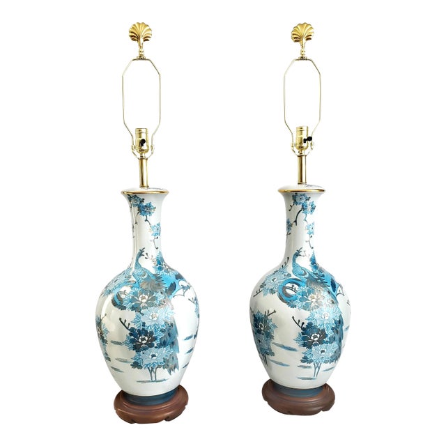 Huge Lamp Pair Blue & Metallic Gold Hand Painted Peacocks 1960s Kutani Restored For Sale - Image 17 of 18