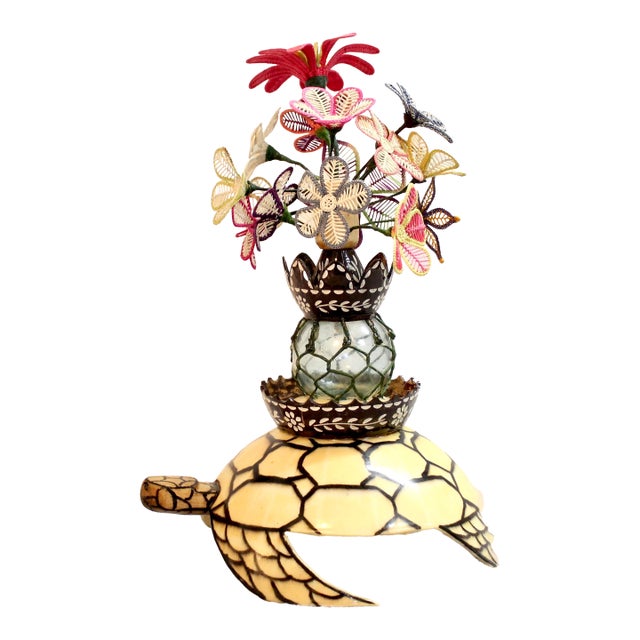 Vintage Americana Marshall Islands Sculpture | Wojte Atoll Flowers on Sea Turtle For Sale