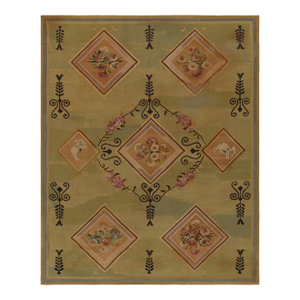 Vintage Aubusson Flatweave Rug in Beige-Green With Floral Medallions, From Rug & Kilim