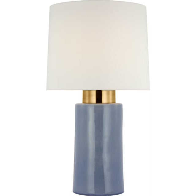 Modern Barbara Barry by Visual Comfort Signature Xian 30" Table Lamp in Polar Blue Crackle and Soft Brass with Linen Shade For Sale - Image 3 of 3