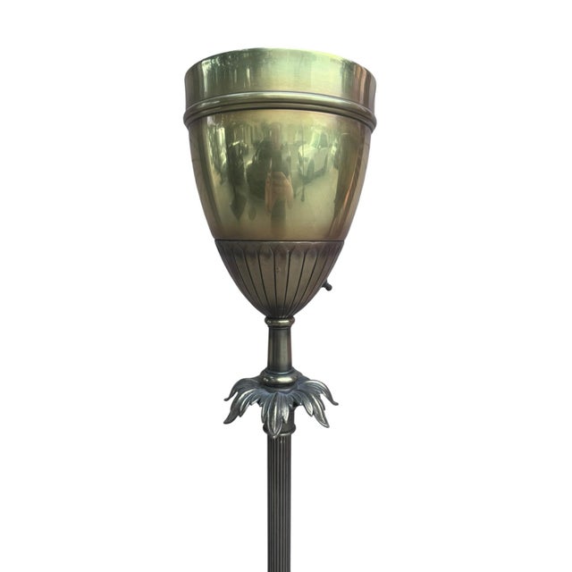Metal Hollywood Regency Brass Uplight Torchiere Floor Lamps - Pair For Sale - Image 7 of 8