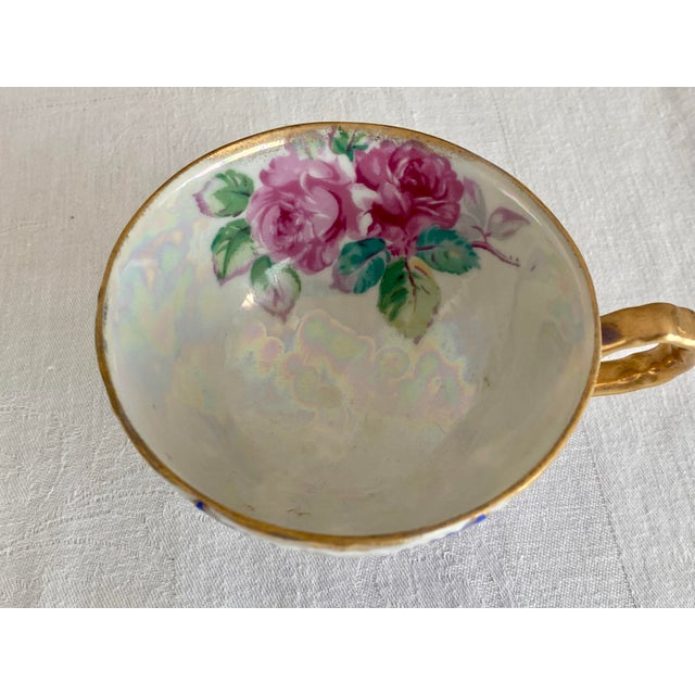 Ceramic Vintage Ucagco Ceramics Japan Porcelain Teacup and Saucer Set Cobalt Blue Pink Rose Lusterware Pierced Scalloped Rim Mid-Century Excellent Condition For Sale - Image 7 of 13
