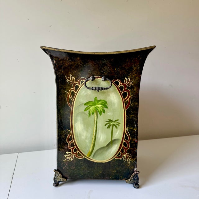 Chinoiserie Vintage Hand Painted Palm Tree Wastebasket For Sale - Image 3 of 8