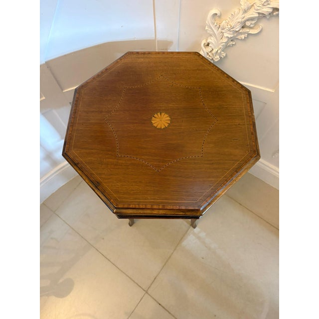 Antique Edwardian Inlaid Mahogany Octagonal Side Table with Silk Basket, 1900 For Sale - Image 6 of 12