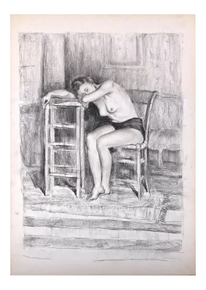 Femme Assise - Original Charcoal Drawing on Paper - Late 20th Century Late 20th Century