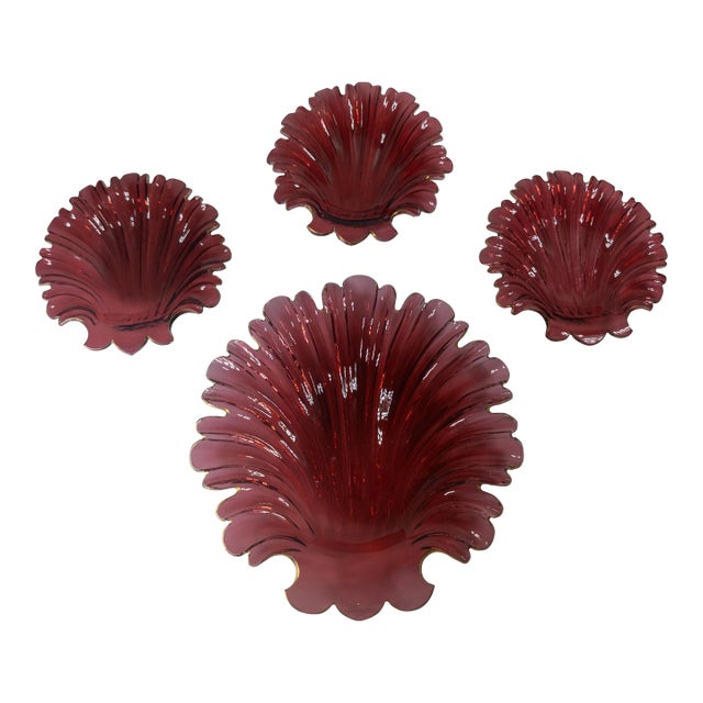 19th Century Group of Four Ruby Cranberry Red Shell Form Nut Dishes For Sale