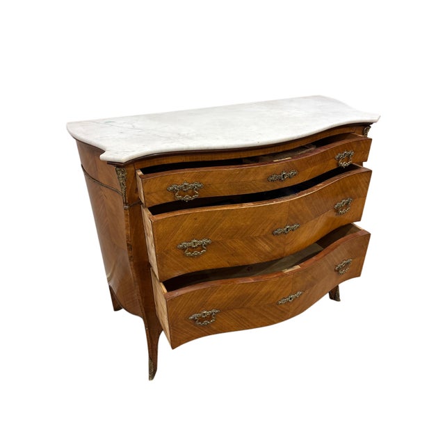 Mid 20th Century French Louis XV Style Marble Top Bombe Walnut Commode For Sale - Image 4 of 4