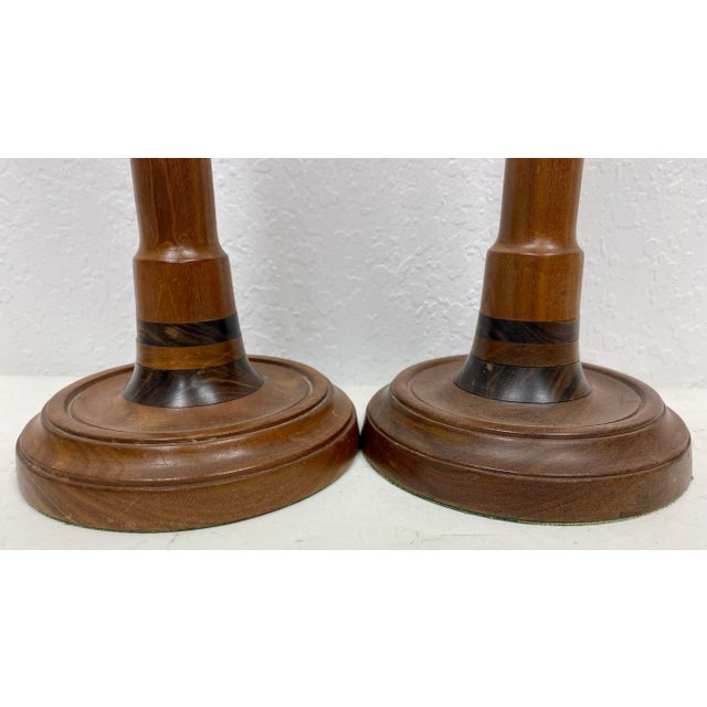 Pair of Vintage Two-Tone Wooden Candlesticks With Brass Bobeche From England Each Measures 12 1/2” T x 5 3/4” W x 5 3/4” D