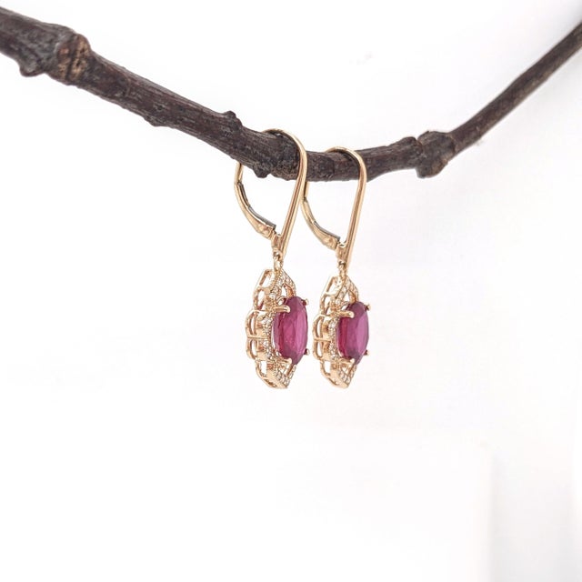 2020s Ruby Dangle Earrings With Earth Mined Diamonds: Solid 14k Gold, Oval 10x8mm, Pair For Sale - Image 5 of 7
