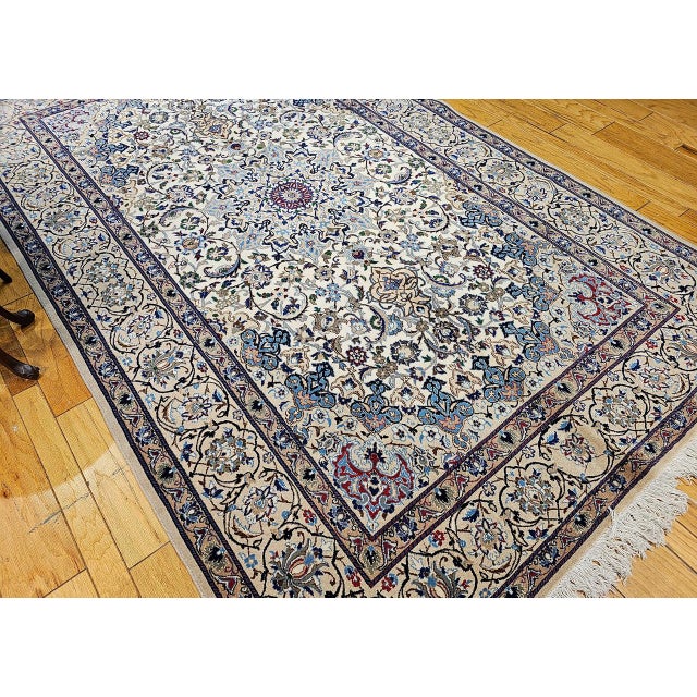 Vintage Nain Area Rug, Hand-Knotted Wool & Silk, Floral Pattern, 7x11, Ivory & Blue For Sale - Image 11 of 12