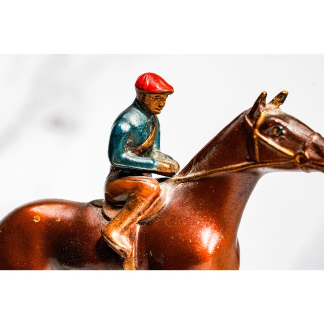 Brown Colorful Horse Jockey Antique Cold Painted Bronze Sculpture Statue Bookends Equestrian For Sale - Image 8 of 18