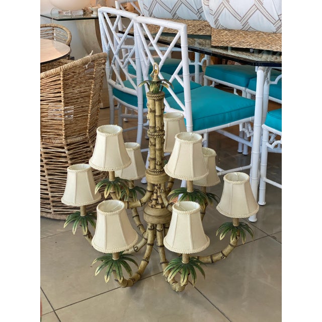 Vintage 9 Light Tropical Palm Tree Faux Bamboo Metal Tole