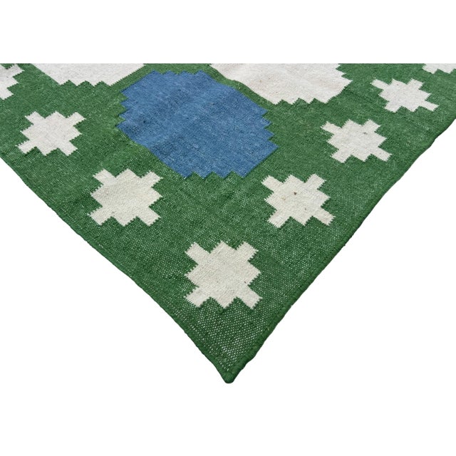 Handmade Woolen Dhurrie Runner, Moss Green, White and Sky Blue Swedish Tile Runner- 3.5'x10' For Sale - Image 13 of 13
