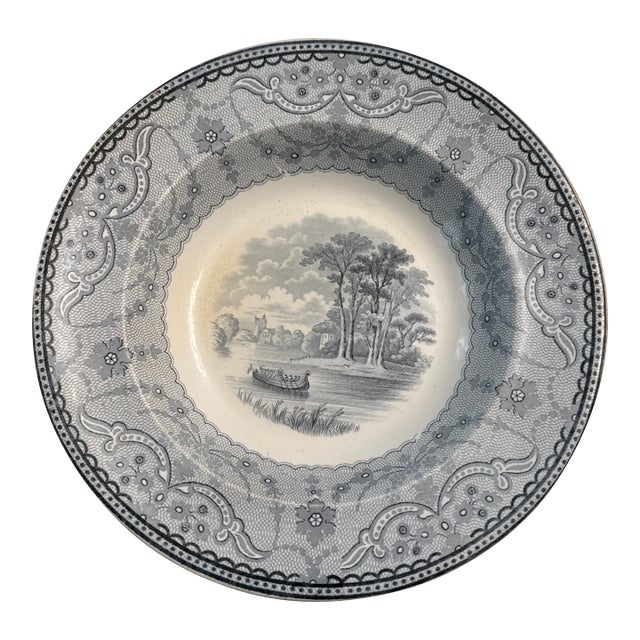 Circa 1857 - 80 Spode Copeland Blue Transferware Rimmed Soup Bowl Lace Border Cottage Richmond Views For Sale